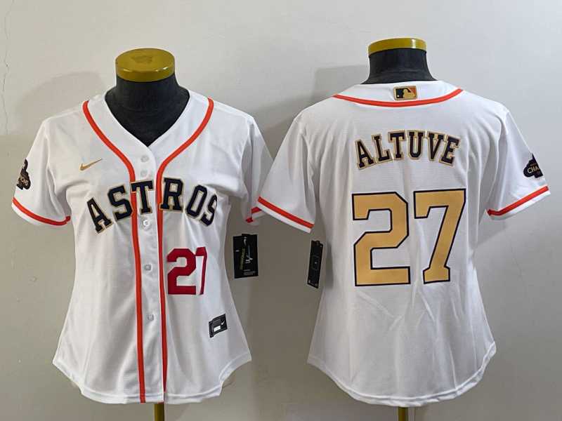 Womens Houston Astros #27 Jose Altuve Number 2023 White Gold World Serise Champions Patch Cool Base Stitched Jersey
